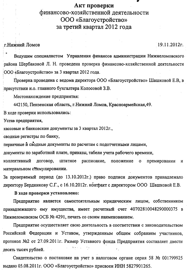 Акт проверки финансово хозяйственной деятельности образец